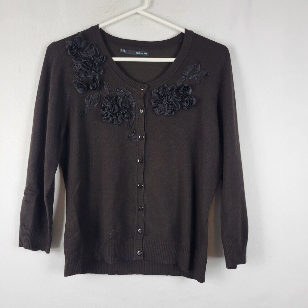 Maurices Black Knit Flower Appliques LS Light Button Up Sweater Women's Large